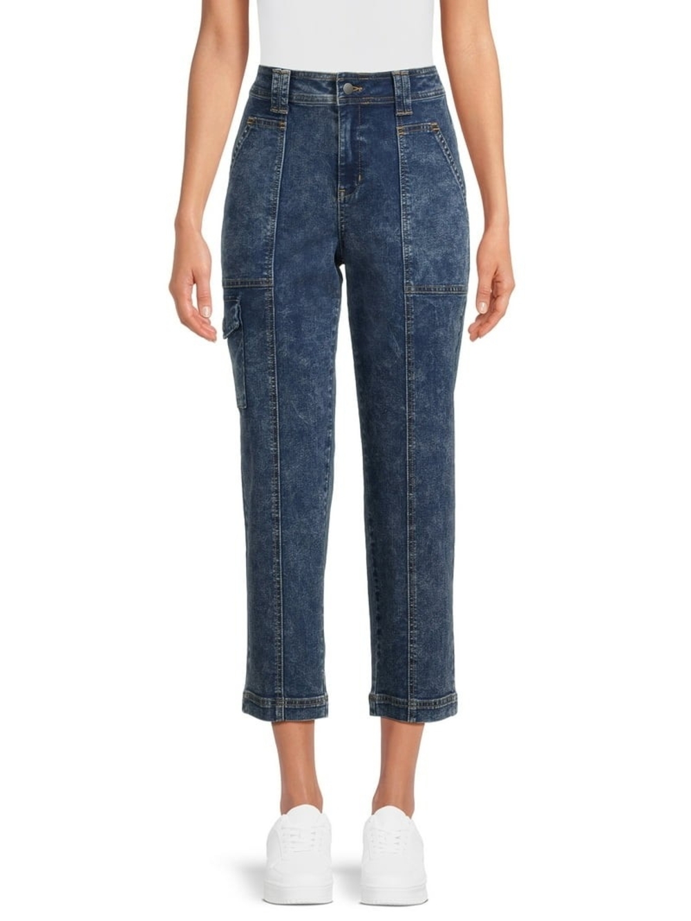 Time and Tru Women's Acid Wash Dark Blue Cropped Utility Jeans